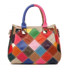 Dam Patchwork Kohud Färgglad Handväska Tote Handväska Crossbody-väska