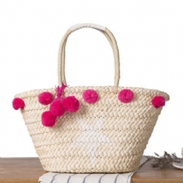 Dam Vävd Straw Beach Handväska Rese Plysch Ball Bag Tote Bag