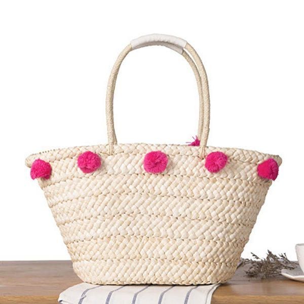 Dam Vävd Straw Beach Handväska Rese Plysch Ball Bag Tote Bag