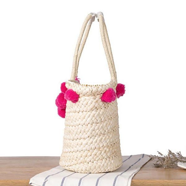 Dam Vävd Straw Beach Handväska Rese Plysch Ball Bag Tote Bag