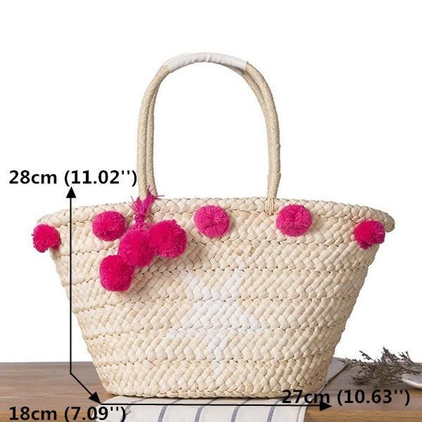 Dam Vävd Straw Beach Handväska Rese Plysch Ball Bag Tote Bag