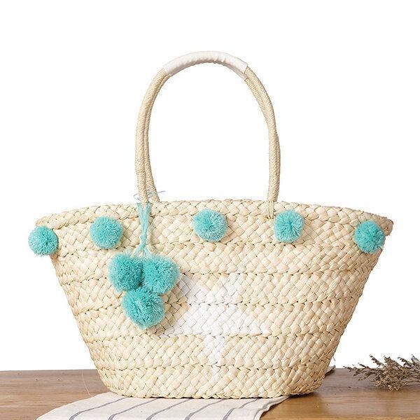 Dam Vävd Straw Beach Handväska Rese Plysch Ball Bag Tote Bag