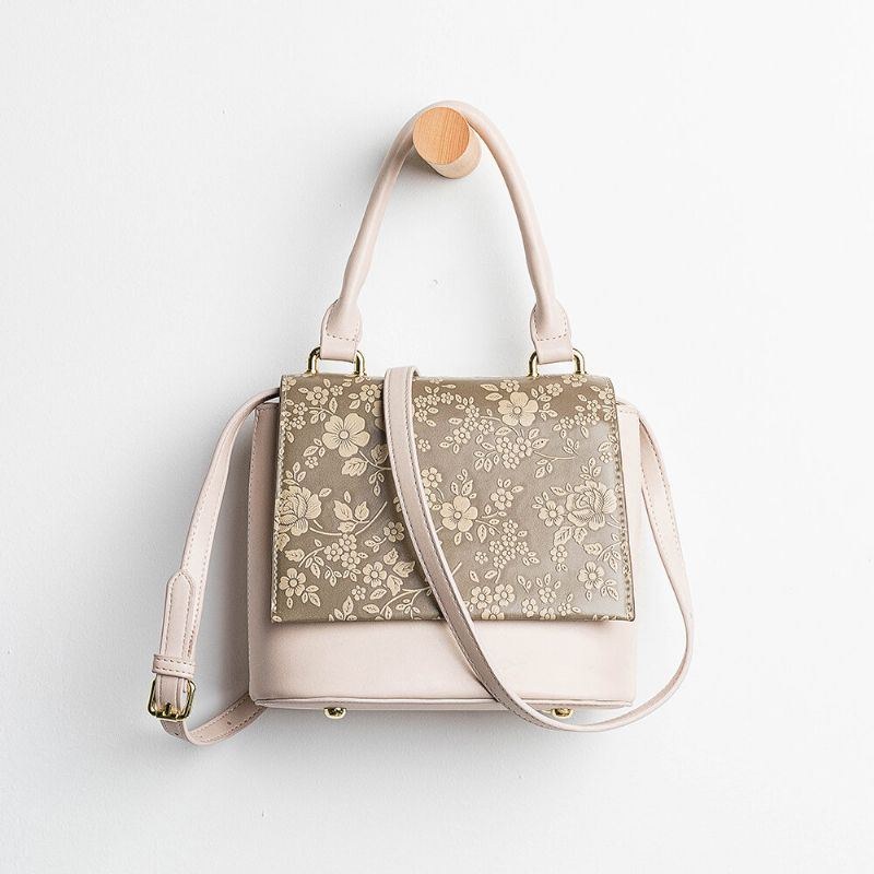 Dam Vintage Äkta Läder Blommig Handväska Crossbody-väska Axelväska