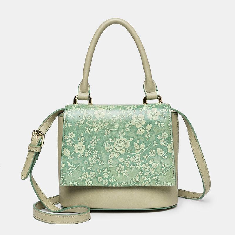 Dam Vintage Äkta Läder Blommig Handväska Crossbody-väska Axelväska