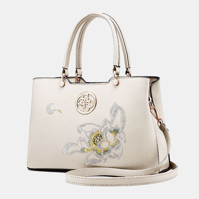 Dam Vintage Kinesisk Stil Gardenia Flower Brodered Handväska Stor Kapacitet Multi-ficka Multi-bära Pu Leahter Crossbody-väska