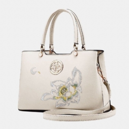 Dam Vintage Kinesisk Stil Gardenia Flower Brodered Handväska Stor Kapacitet Multi-ficka Multi-bära Pu Leahter Crossbody-väska