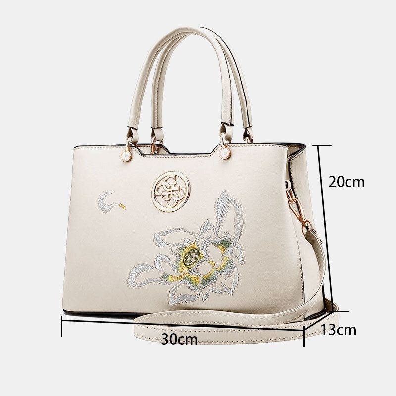 Dam Vintage Kinesisk Stil Gardenia Flower Brodered Handväska Stor Kapacitet Multi-ficka Multi-bära Pu Leahter Crossbody-väska