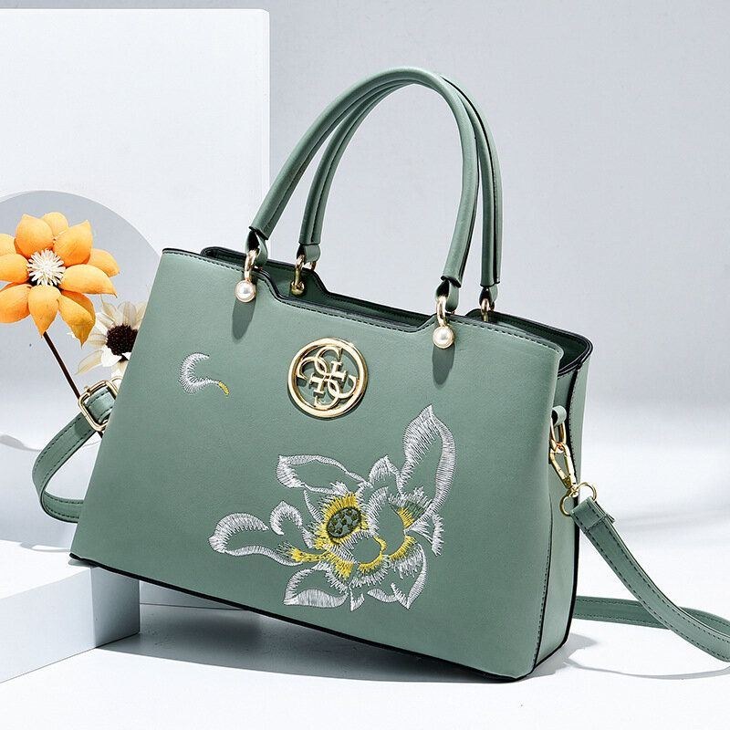 Dam Vintage Kinesisk Stil Gardenia Flower Brodered Handväska Stor Kapacitet Multi-ficka Multi-bära Pu Leahter Crossbody-väska