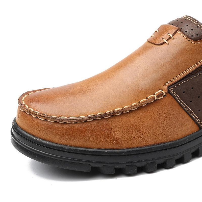 Herr Comfy Moccasin Toe Läder Splicing Mjuka Casual Skor