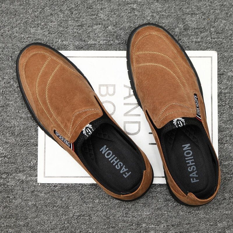 Herr Comfy Pigskin Lädersömmar Halkfri Rund Tå Lazy Slip-on Loafers Skor