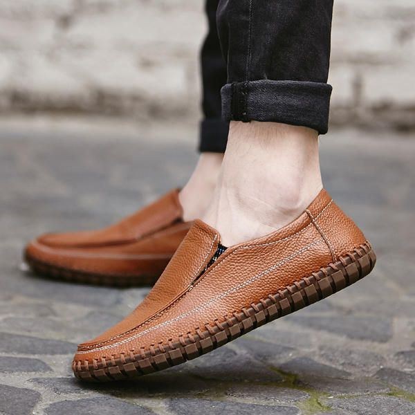 Mjukt Läder I Ren Färg För Män Slip On Casual Flat Oxfords