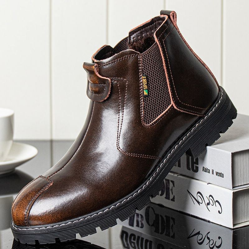 Herr Äkta Läder Slip-on Halkbeständig Plus Velvet Warm Chelsea Boots Martin Boots