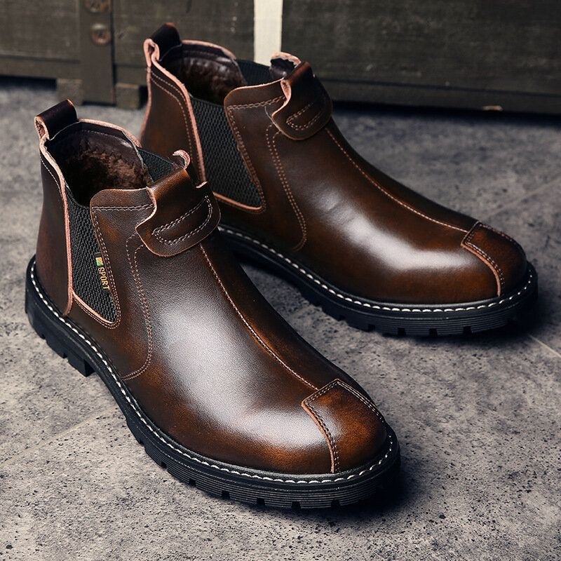 Herr Äkta Läder Slip-on Halkbeständig Plus Velvet Warm Chelsea Boots Martin Boots