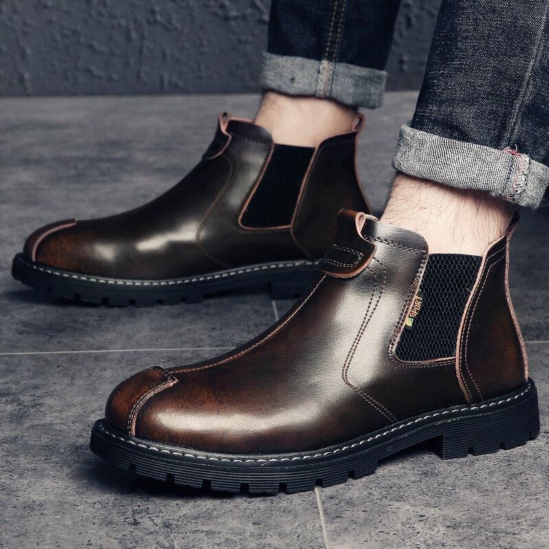 Herr Äkta Läder Slip-on Halkbeständig Plus Velvet Warm Chelsea Boots Martin Boots