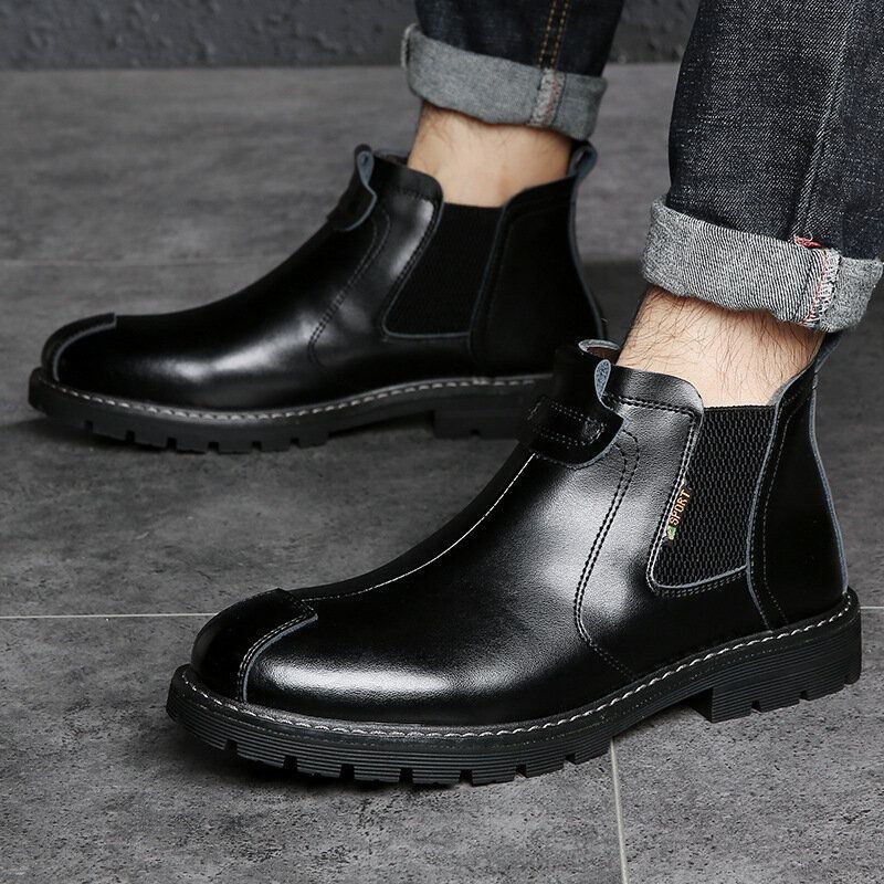 Herr Äkta Läder Slip-on Halkbeständig Plus Velvet Warm Chelsea Boots Martin Boots