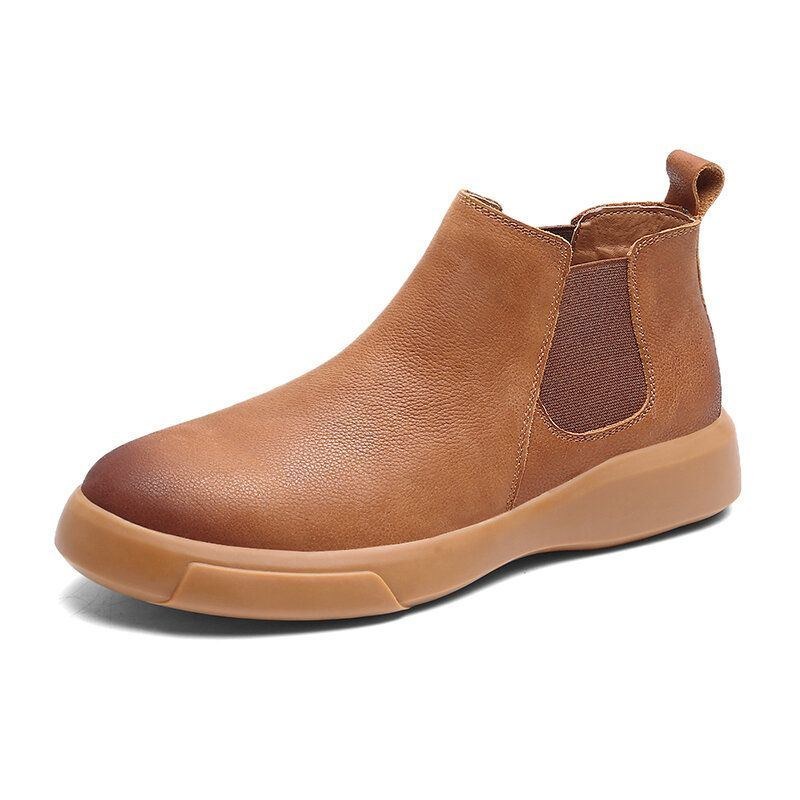 Herr Comfy Cowhide Läder Halkfri Elastiska Slip On Casual Chelsea Boots