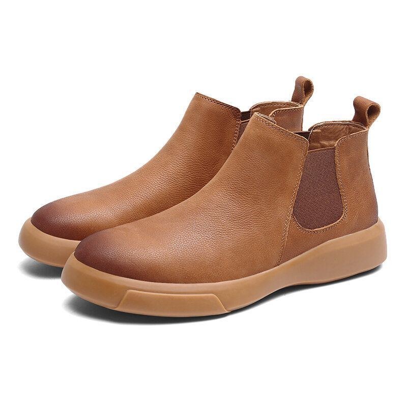 Herr Comfy Cowhide Läder Halkfri Elastiska Slip On Casual Chelsea Boots