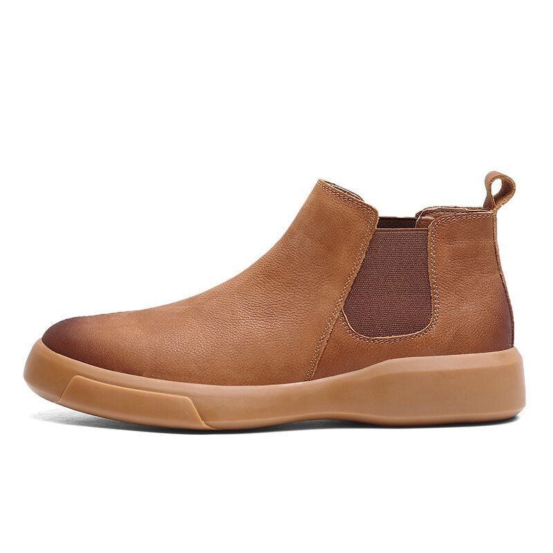 Herr Comfy Cowhide Läder Halkfri Elastiska Slip On Casual Chelsea Boots