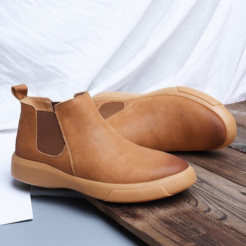 Herr Comfy Cowhide Läder Halkfri Elastiska Slip On Casual Chelsea Boots