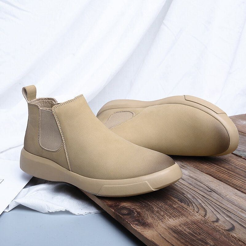 Herr Comfy Cowhide Läder Halkfri Elastiska Slip On Casual Chelsea Boots