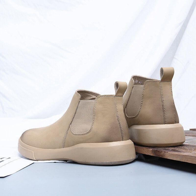 Herr Comfy Cowhide Läder Halkfri Elastiska Slip On Casual Chelsea Boots