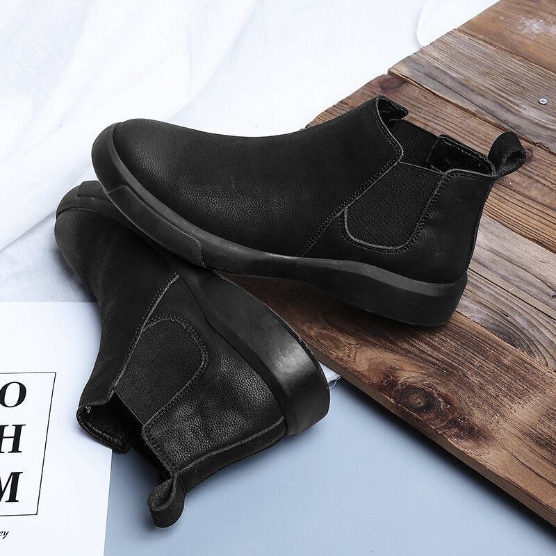 Herr Comfy Cowhide Läder Halkfri Elastiska Slip On Casual Chelsea Boots