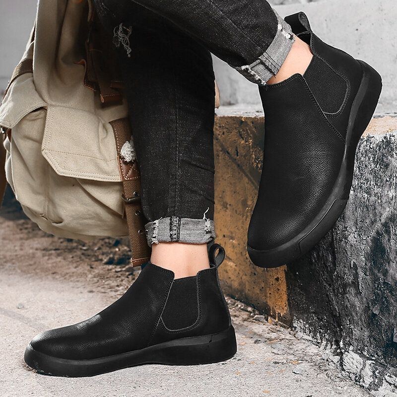 Herr Comfy Cowhide Läder Halkfri Elastiska Slip On Casual Chelsea Boots