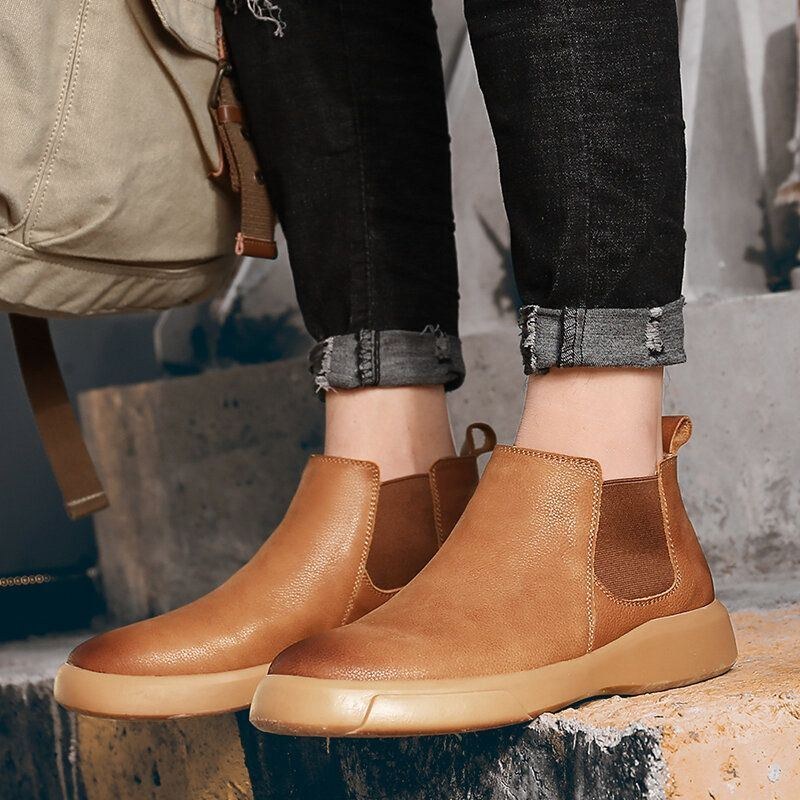 Herr Comfy Cowhide Läder Halkfri Elastiska Slip On Casual Chelsea Boots