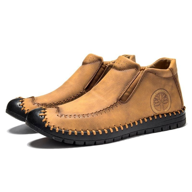 Herr Gummitå Handsömmar Läder Halkbeständig Mjuk Casual Slip On Boots