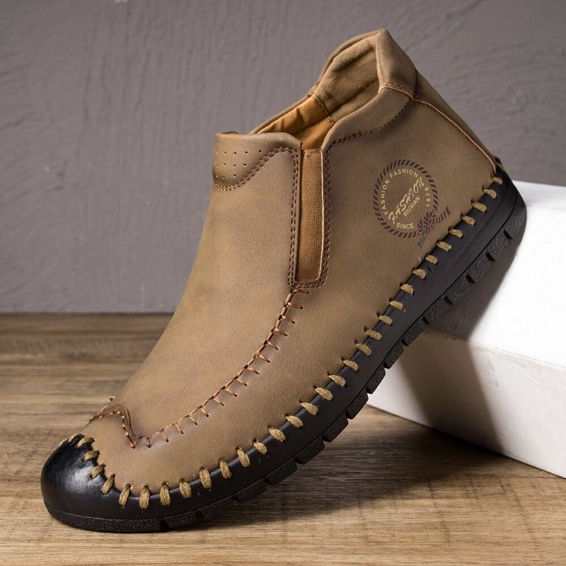 Herr Gummitå Handsömmar Läder Halkbeständig Mjuk Casual Slip On Boots