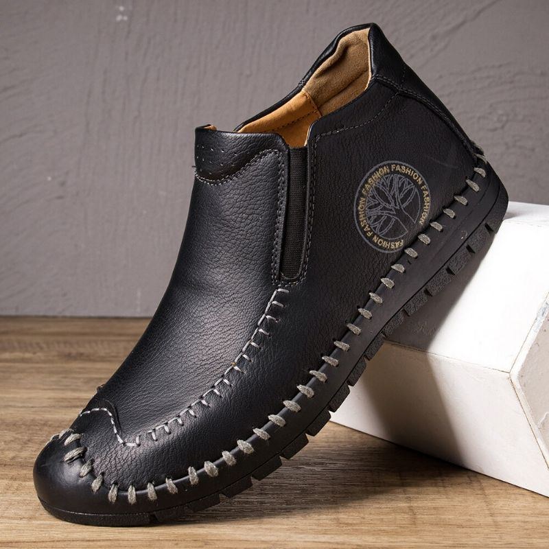 Herr Gummitå Handsömmar Läder Halkbeständig Mjuk Casual Slip On Boots