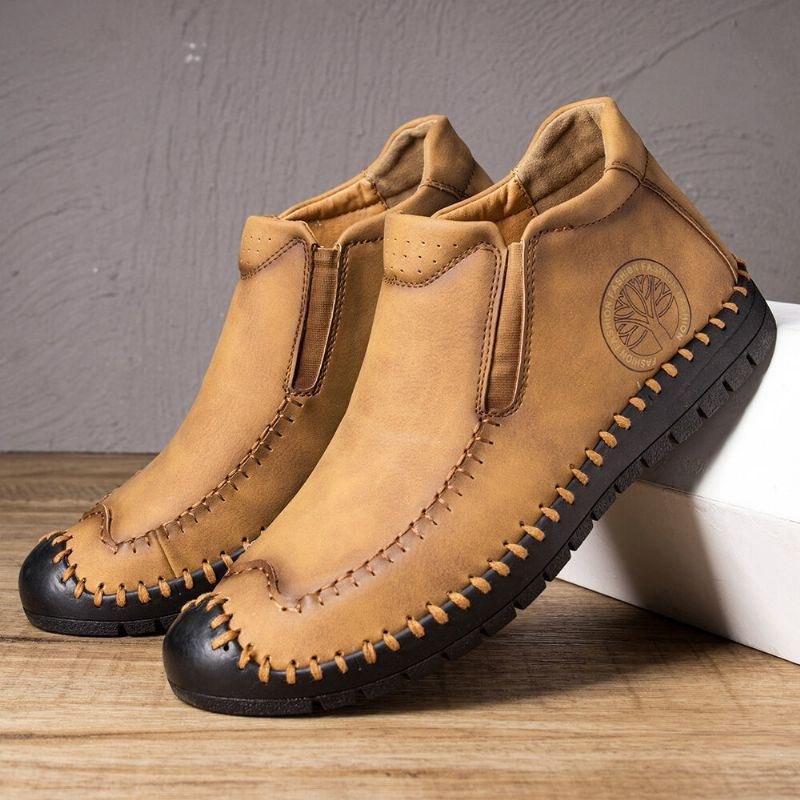 Herr Gummitå Handsömmar Läder Halkbeständig Mjuk Casual Slip On Boots