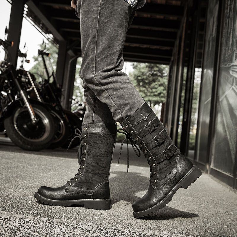 Herr Klassiska Svarta Biker Boots Metal Spänne Motorcykel Boots