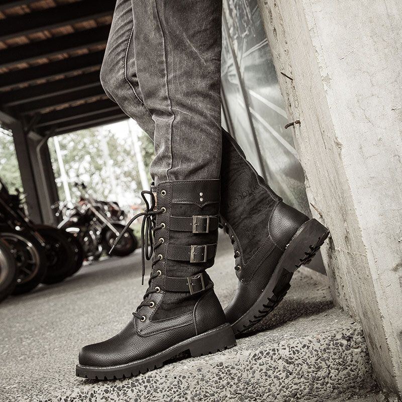 Herr Klassiska Svarta Biker Boots Metal Spänne Motorcykel Boots