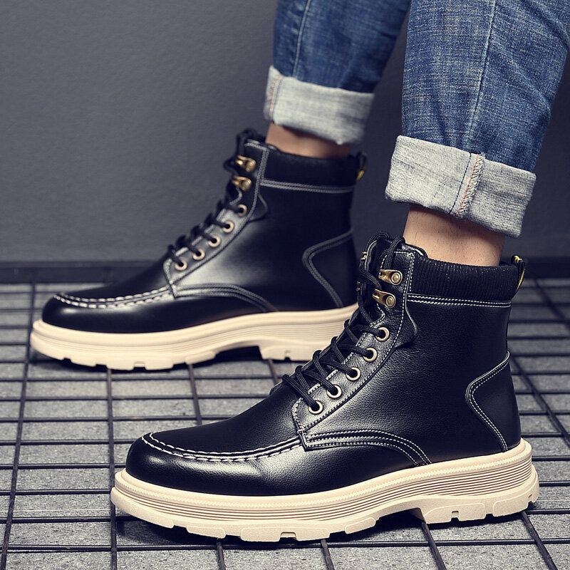 Herr Läder Andas Mjuk Sula Bekväm England Style Ren Färg Casual Martin Boots