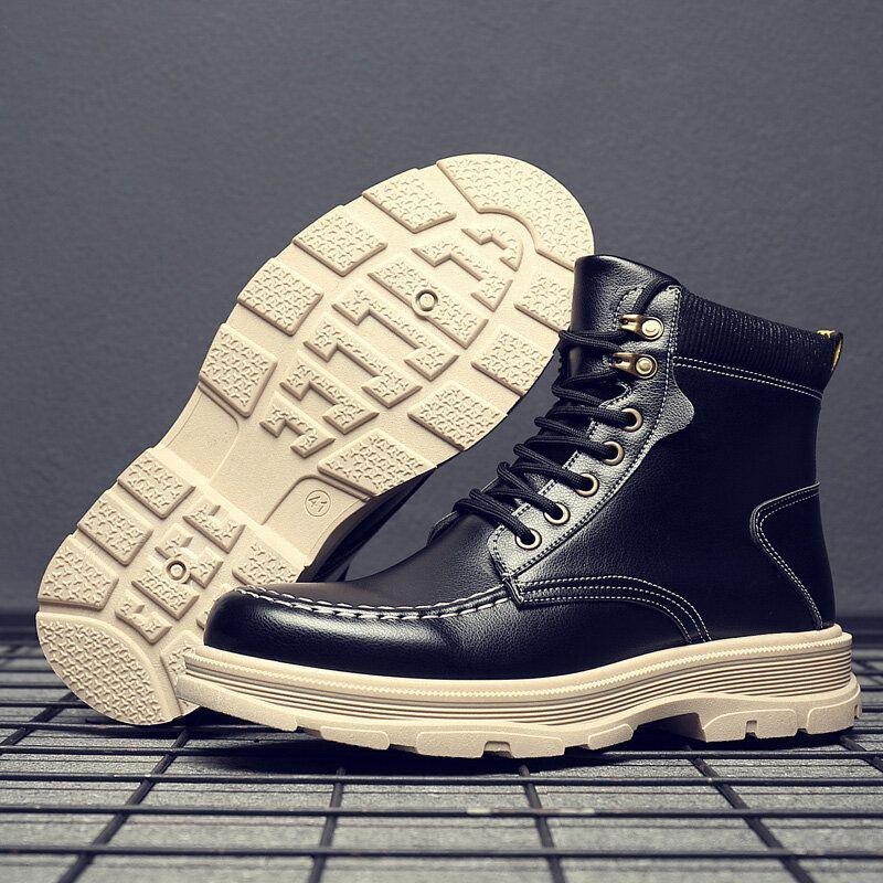 Herr Läder Andas Mjuk Sula Bekväm England Style Ren Färg Casual Martin Boots