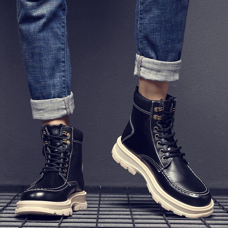 Herr Läder Andas Mjuk Sula Bekväm England Style Ren Färg Casual Martin Boots