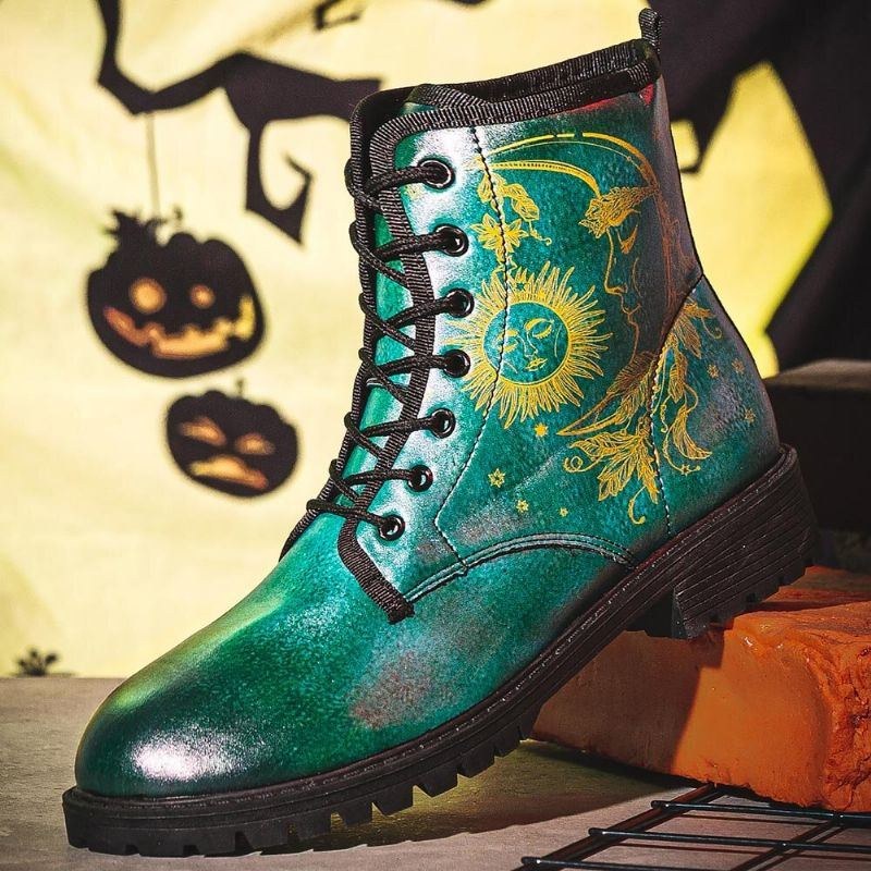 Herr Läder Halloween Funny Printing Mjuk Sula Rund Tå Snörning Casual Platform Boots