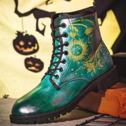 Herr Läder Halloween Funny Printing Mjuk Sula Rund Tå Snörning Casual Platform Boots