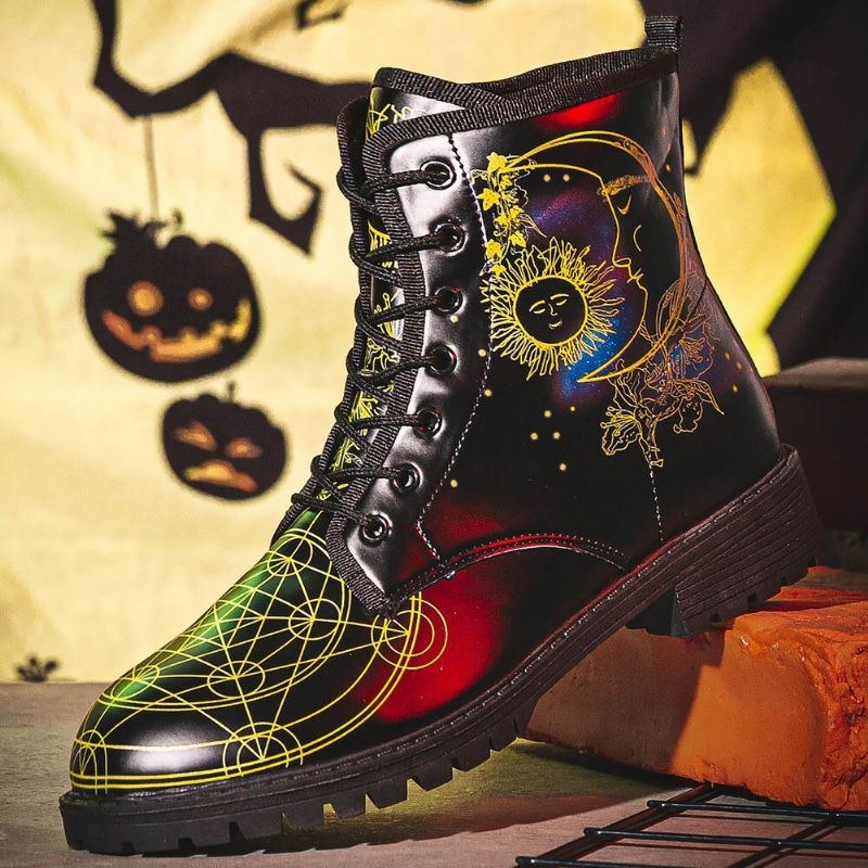 Herr Läder Halloween Funny Printing Mjuk Sula Rund Tå Snörning Casual Platform Boots