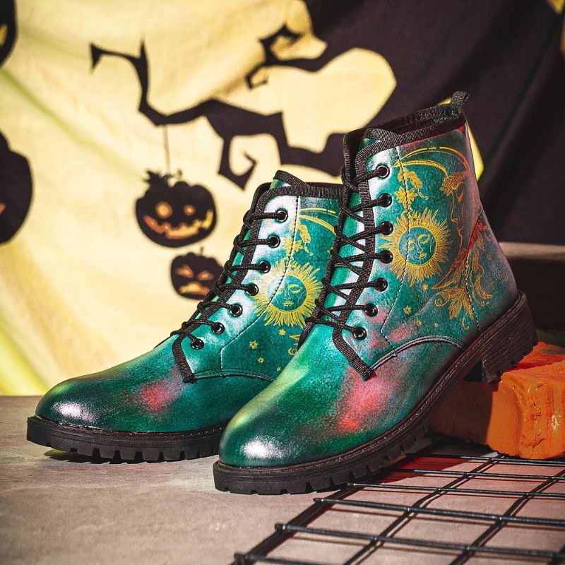 Herr Läder Halloween Funny Printing Mjuk Sula Rund Tå Snörning Casual Platform Boots