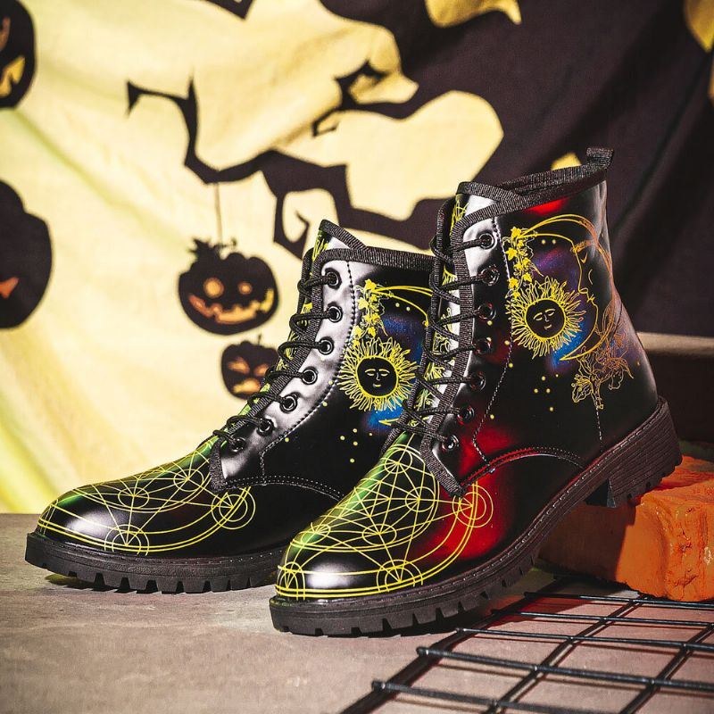 Herr Läder Halloween Funny Printing Mjuk Sula Rund Tå Snörning Casual Platform Boots