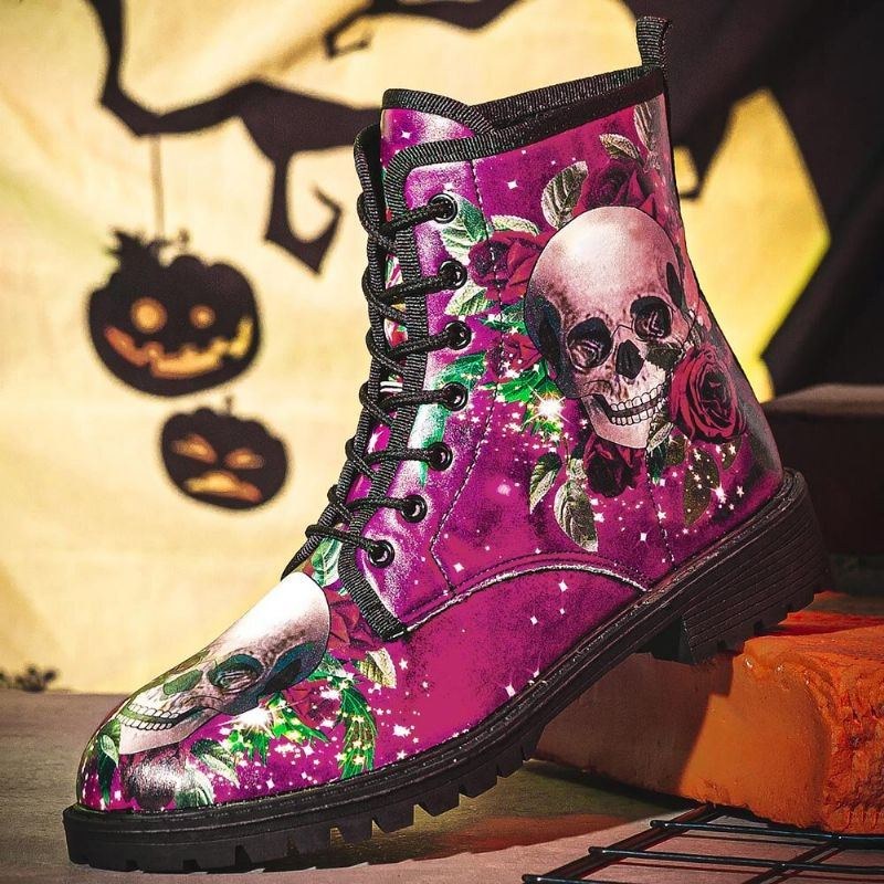 Herr Läder Halloween Mjuk Sula Rund Tå Funny Skull Printing Casual Martin Boots