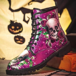 Herr Läder Halloween Mjuk Sula Rund Tå Funny Skull Printing Casual Martin Boots