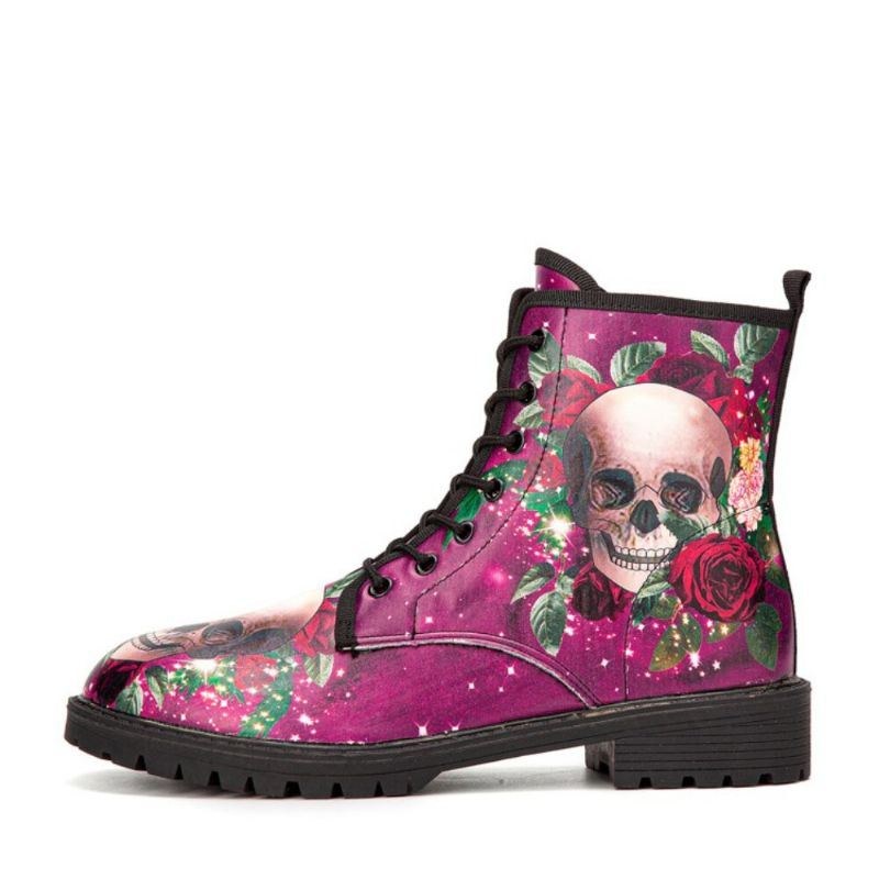 Herr Läder Halloween Mjuk Sula Rund Tå Funny Skull Printing Casual Martin Boots