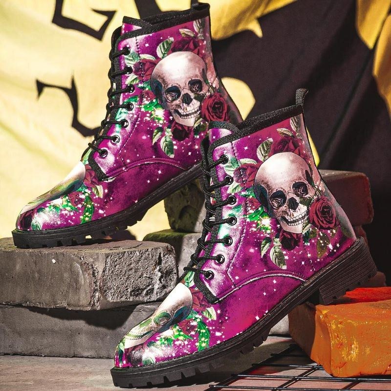 Herr Läder Halloween Mjuk Sula Rund Tå Funny Skull Printing Casual Martin Boots