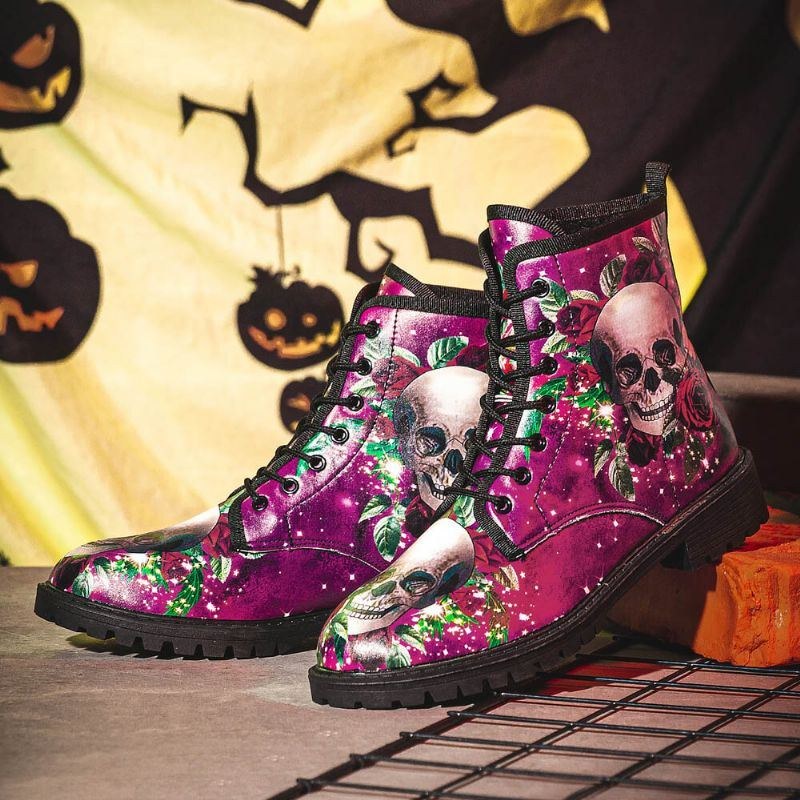 Herr Läder Halloween Mjuk Sula Rund Tå Funny Skull Printing Casual Martin Boots