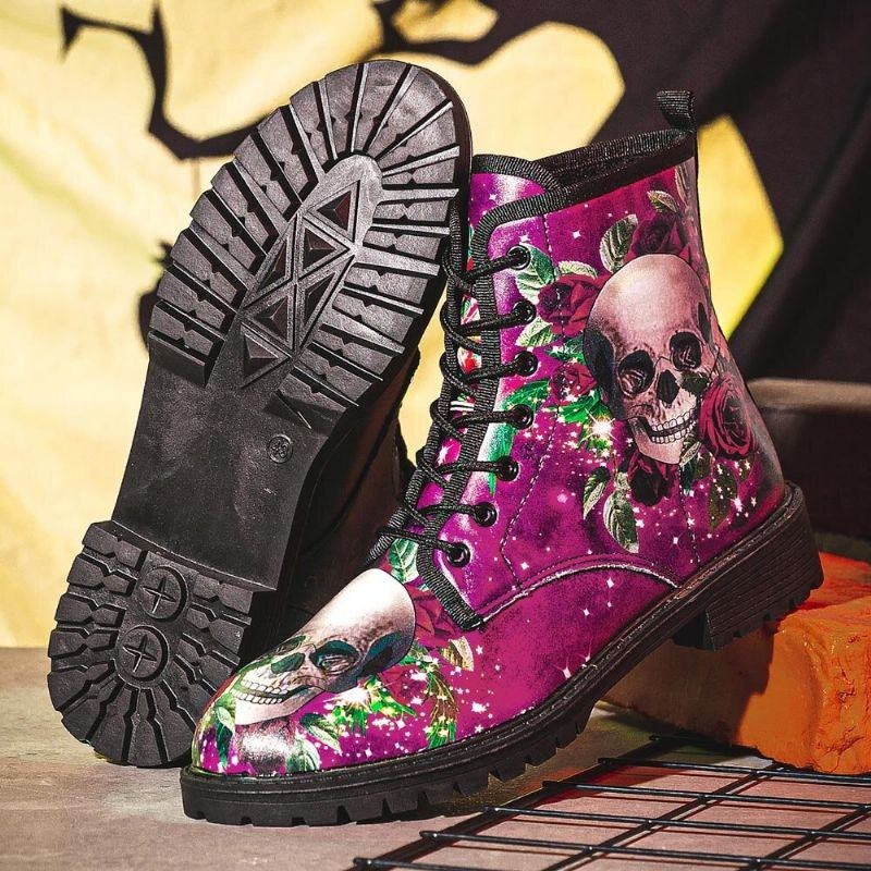 Herr Läder Halloween Mjuk Sula Rund Tå Funny Skull Printing Casual Martin Boots