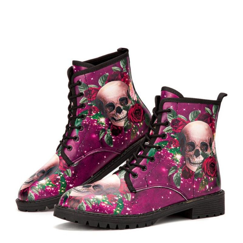 Herr Läder Halloween Mjuk Sula Rund Tå Funny Skull Printing Casual Martin Boots