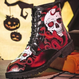 Herr Läder Halloween Mjuk Sula Rund Tå Plattform Skull Printing Bekväma Casual Boots